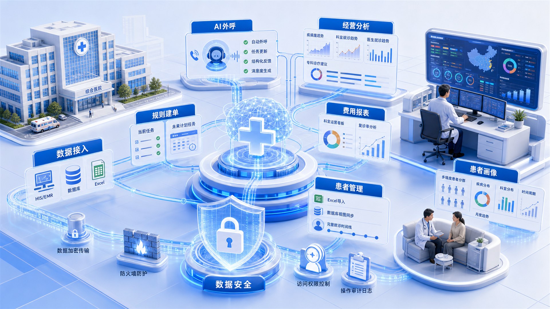 医院AI随访运营平台连接HIS和EMR、AI外呼、患者画像、经营分析、费用报表与数据安全
